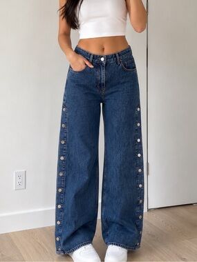 10 Crosby Derek Lam Dark Blue Wide-Leg Snap-Trim Jeans